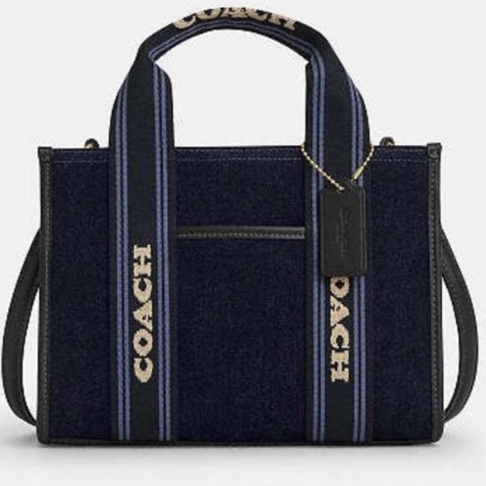 Coach Navy Blue Canvas Tote with Striped Handles